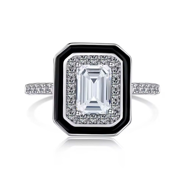 S925 Sterling Silver Black Enamel Square Cubic Zirconia Ring Statement Piece - Picture 4 of 12